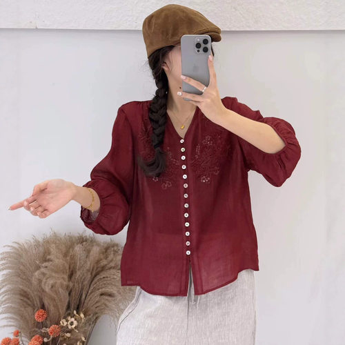 园园美衣新款简约时尚绣花苎麻衬衫复古宽松V领显瘦纯色开衫上衣