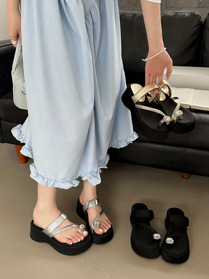 米新款2025夏新款松糕厚底夹趾外穿防滑增高凉拖鞋时尚女凉鞋7319