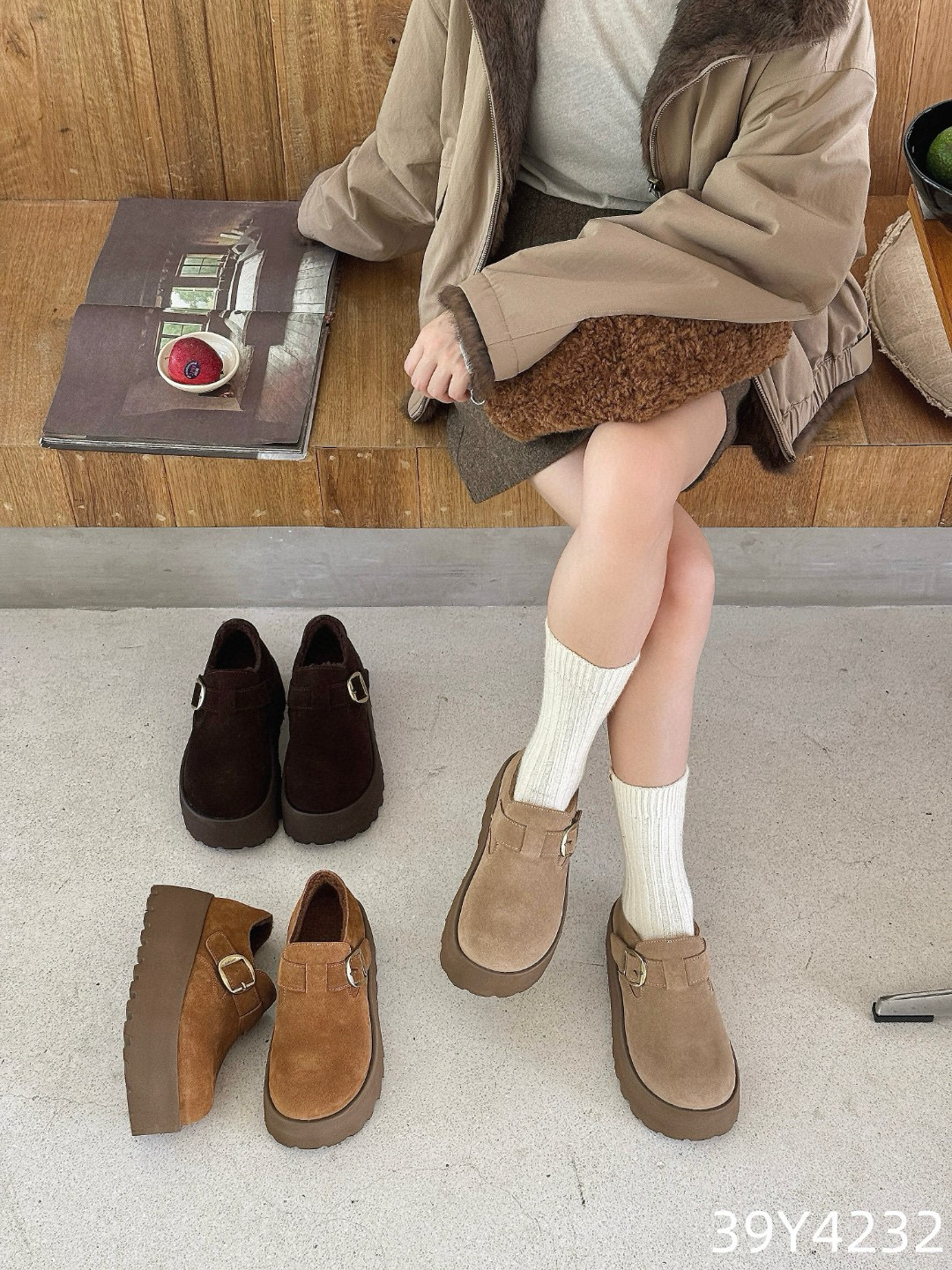 欧洲站2025秋冬款真皮加绒松糕厚底增高勃肯鞋豆豆鞋百搭女鞋4232