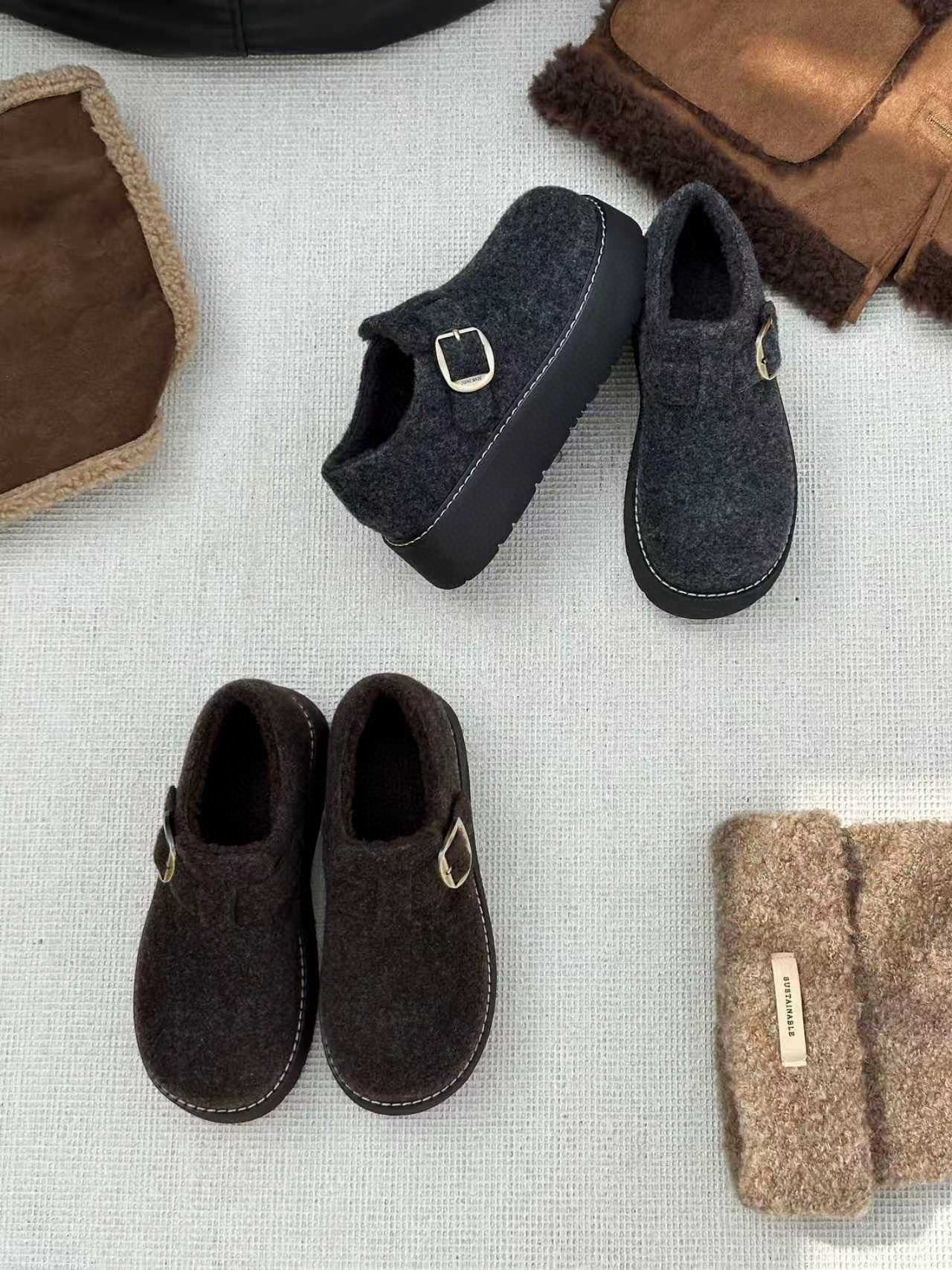 米新款2025冬厚底毛呢勃肯鞋乐福鞋圆头休闲平底舒适女棉鞋雪地靴