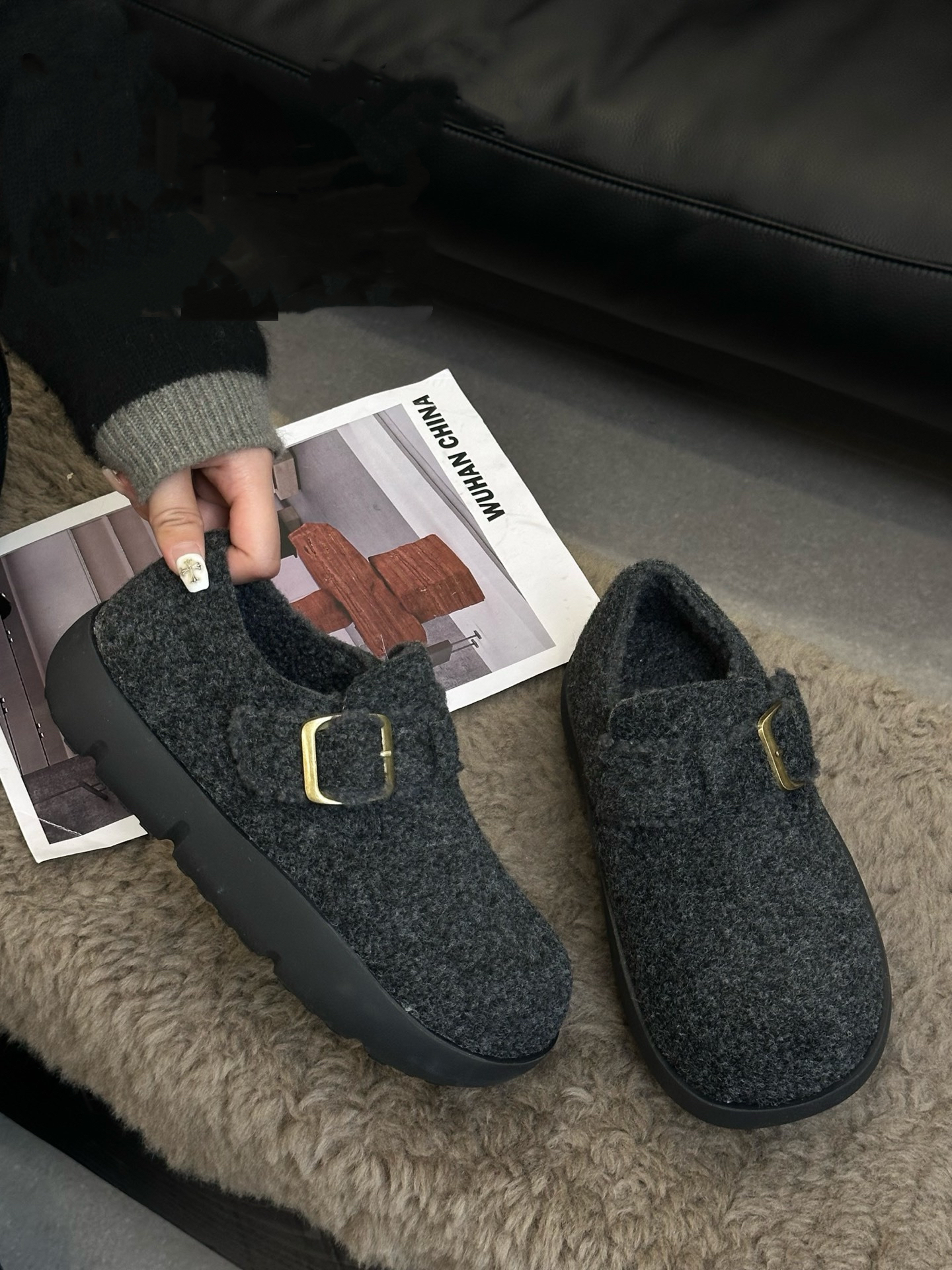 欧洲站2025冬款松糕厚底毛呢勃肯鞋吐司鞋圆头休闲舒适女棉鞋4336