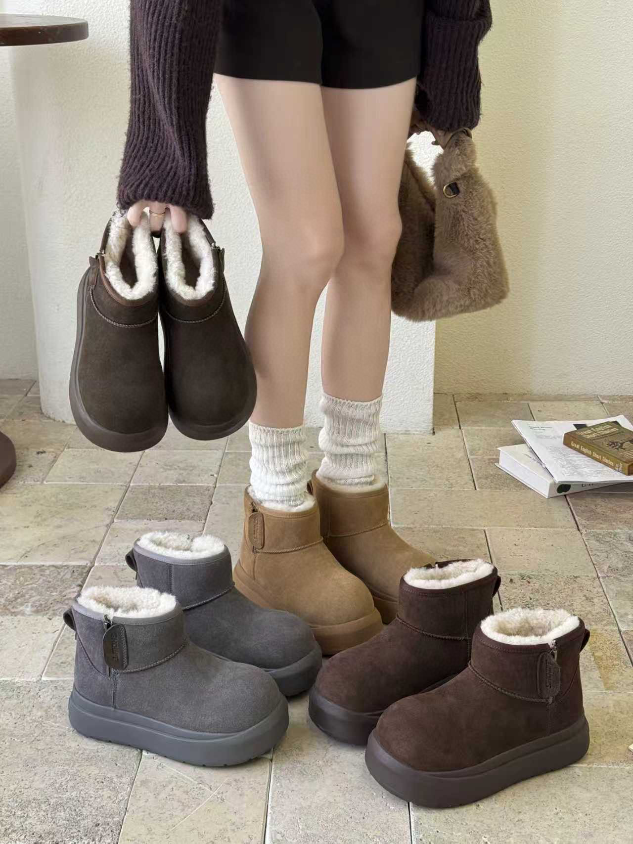 米新款2025冬款真皮厚底加绒短靴保暖毛毛鞋雪地靴马丁靴舒适女靴