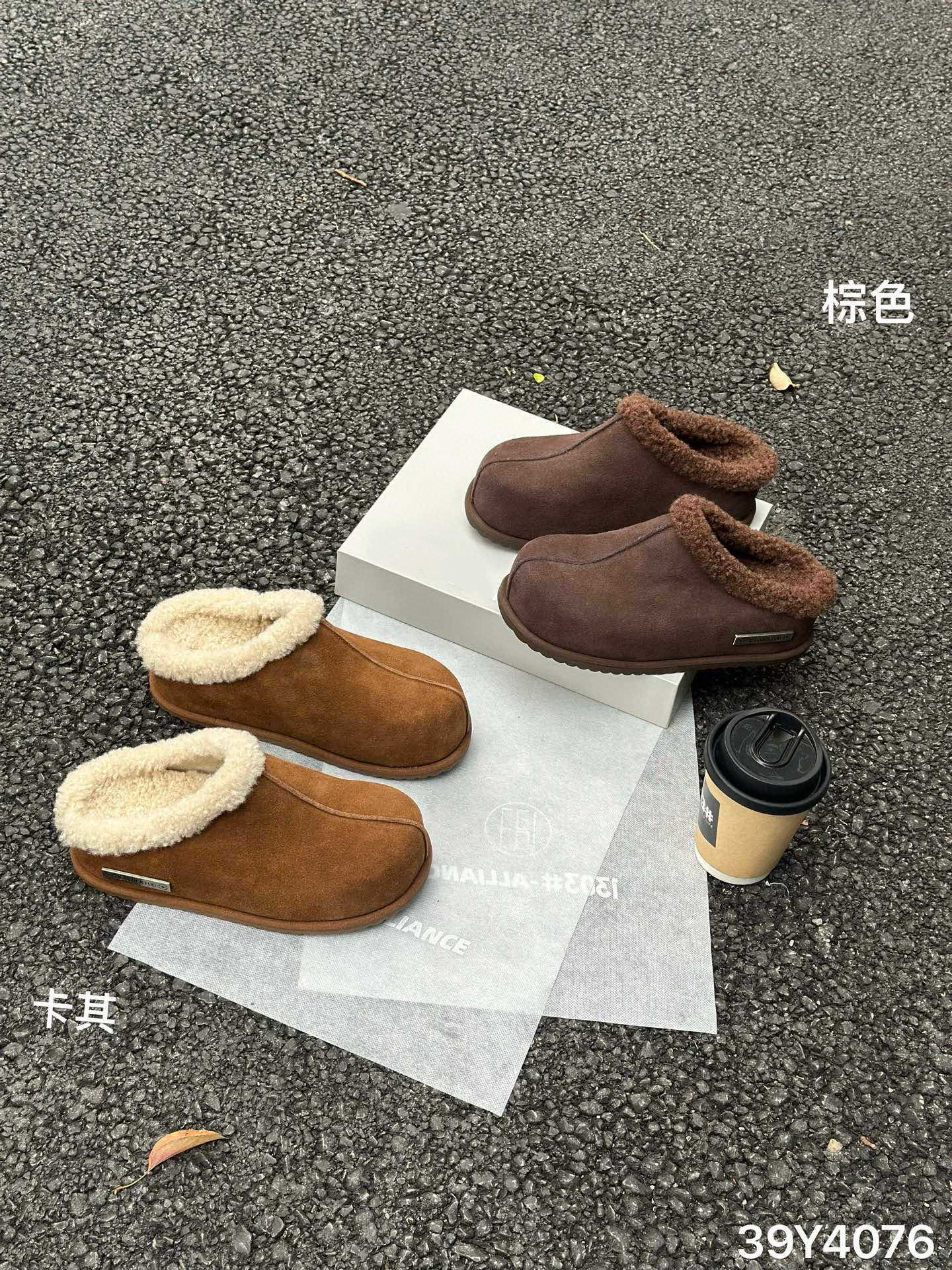 欧洲站2025秋冬英伦风真皮加绒平底时尚保暖勃肯鞋女包头拖鞋4076