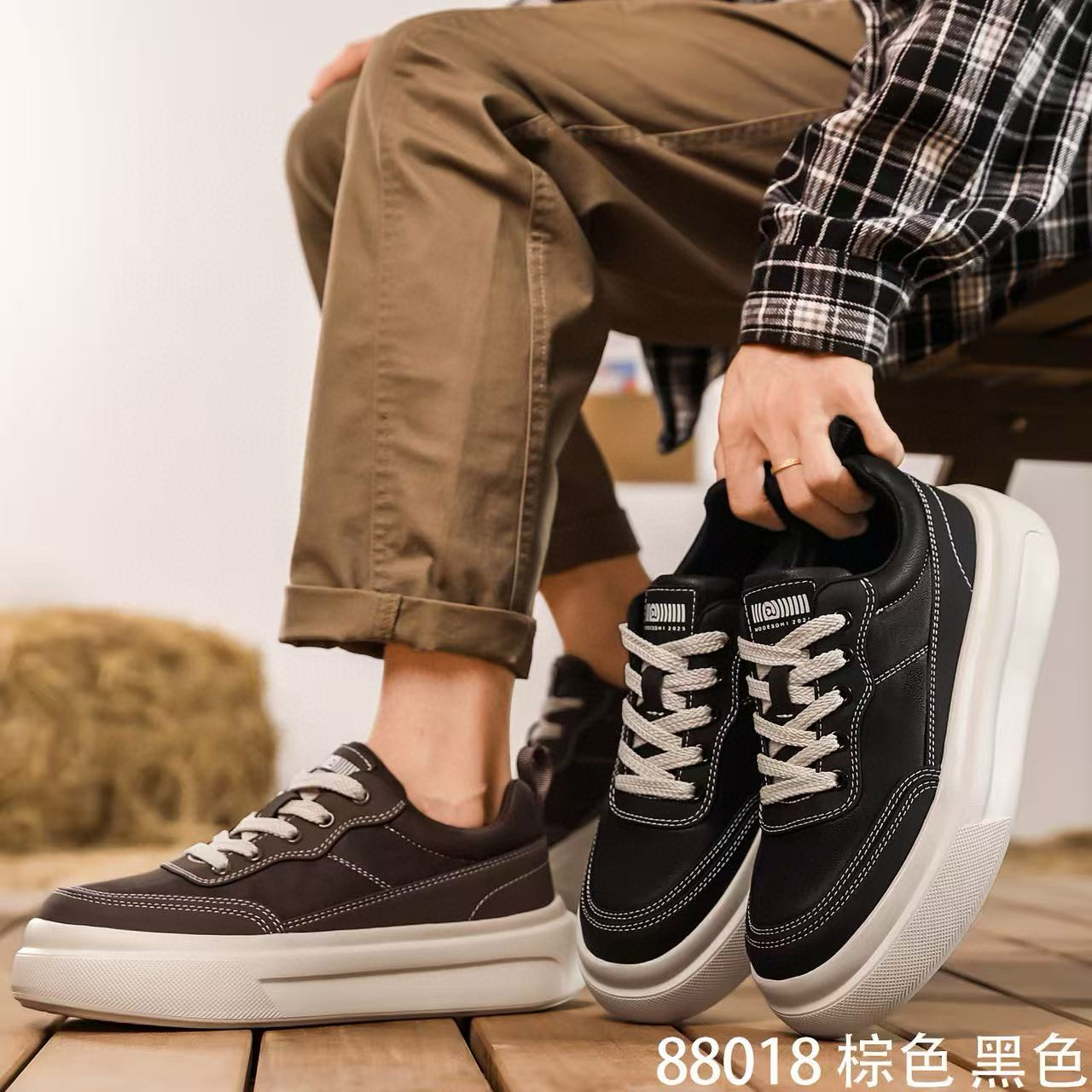 欧洲站2025冬松糕厚底运动板鞋韩版休闲鞋舒适百搭男鞋88018