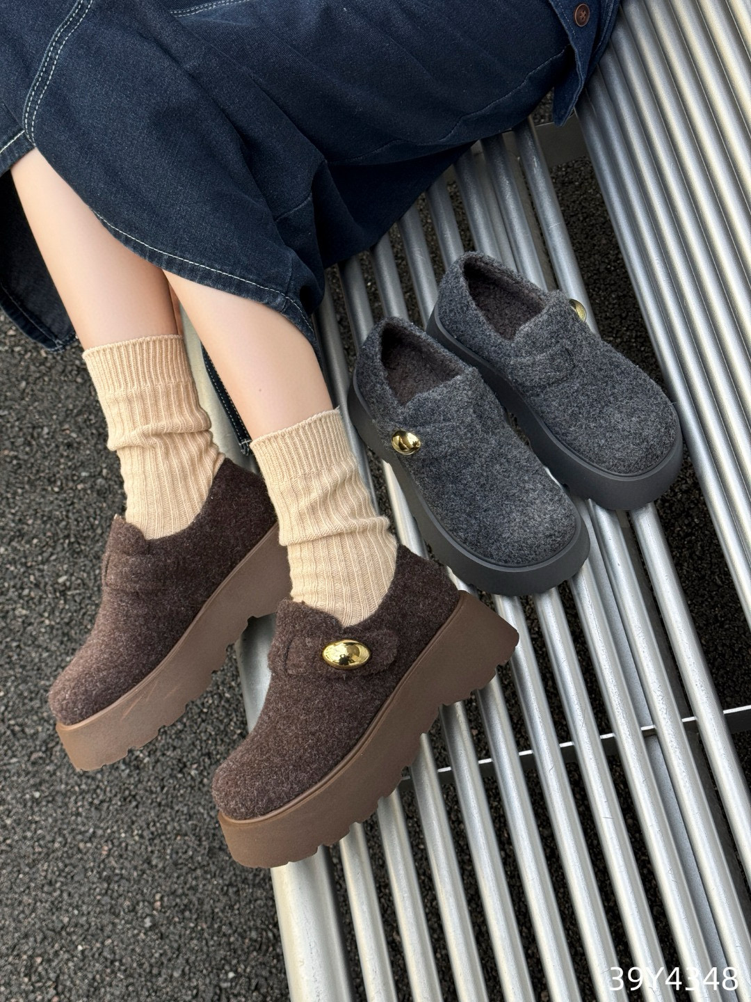 欧洲站2025冬款松糕厚底毛呢勃肯鞋吐司鞋圆头休闲舒适女棉鞋4348