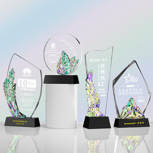 新款七彩水晶奖杯定制定做创意麦穗展翅奖牌企业优秀员工年会颁奖