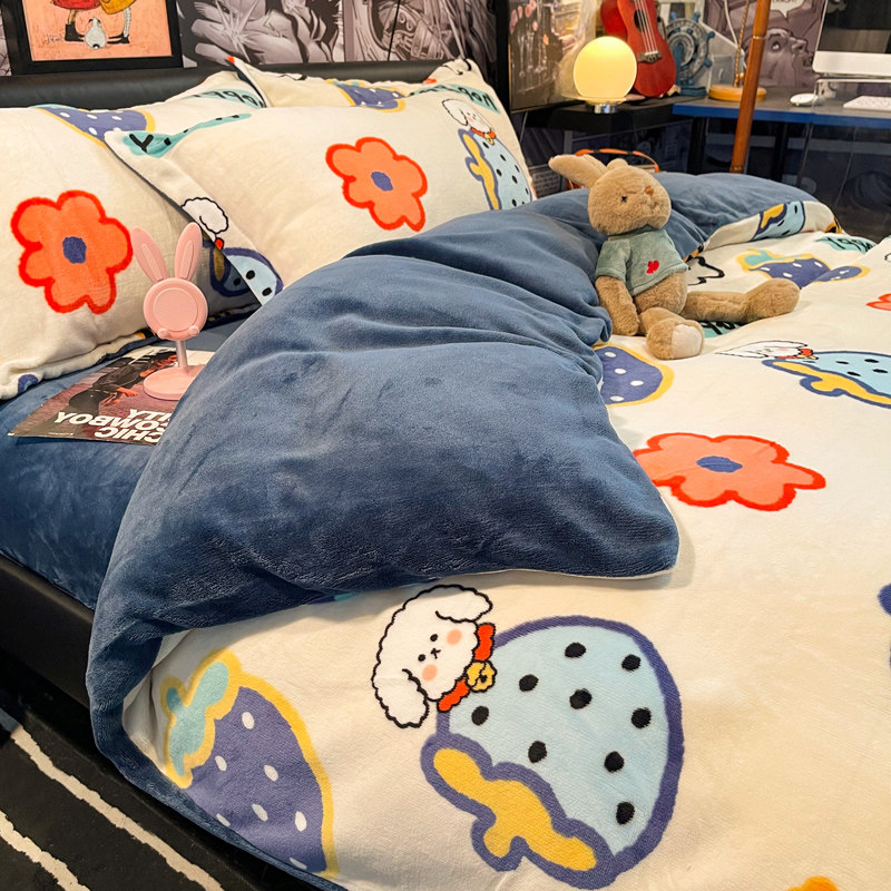 冬季牛奶珊瑚绒四件套儿童加厚加绒防静电法兰绒床单被套保暖可爱