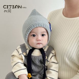 宝宝帽子秋冬季婴儿手工针织帽男宝女宝保暖护耳帽儿童尖尖套头帽