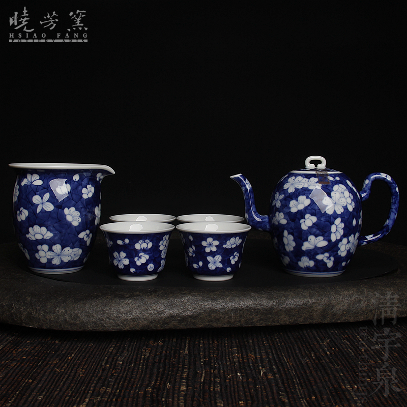 台湾蔡晓芳套装 手绘青花冰梅 美人肩蛋形壶古月杯六件套组晓芳窑