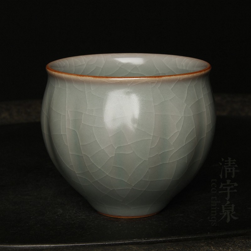 台湾何柏辉 柏采窑主亲名证书款 "柏辉"汝窑大胖主人茶杯汝瓷开片