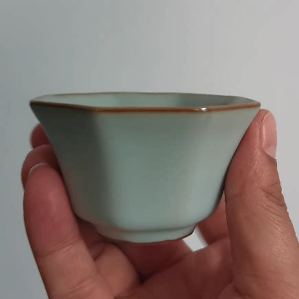 台湾蔡晓芳主人杯 早期汝窑天青 无纹 八方杯 晓芳窑 汝瓷 八角杯