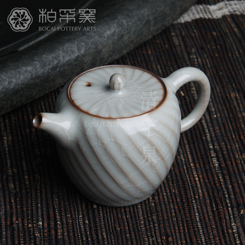 台湾柏采汝窑茶壶 冬青釉月白 柏采窑 HR-150E 风尚壶 汝瓷壶开片