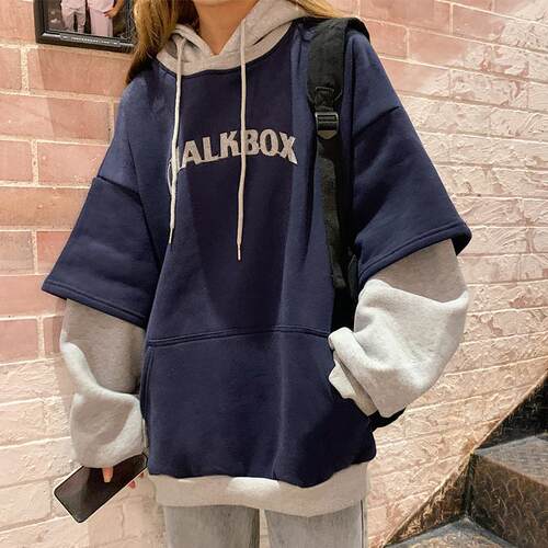 假两件卫衣女宽松大码胖mm300斤韩版bf慵懒风加绒加厚ins上衣服潮