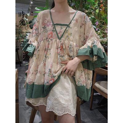 大码300斤喇叭袖荷叶边刺绣碎花衬衫胖mm宽松显瘦娃娃衫上衣女夏2