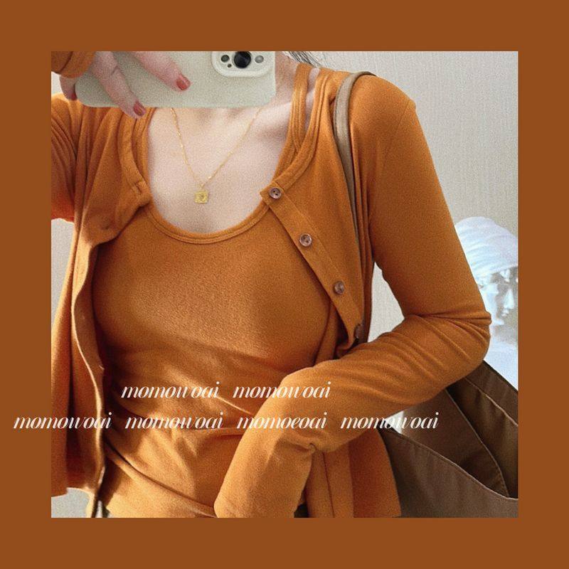 胖妹妹大码300斤复古显白南瓜橘色碳灰色自带胸垫吊带+开衫两件套