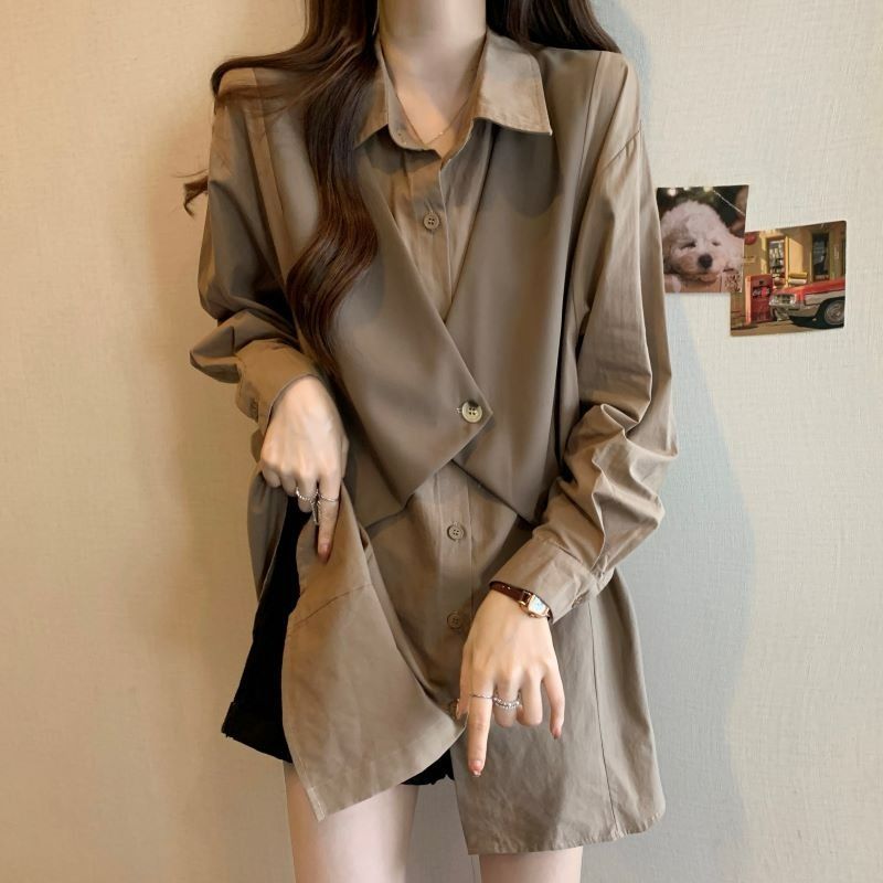 宽松大码胖mm300斤设计感假两件马甲衬衫女春秋遮肚显瘦欧货上衣