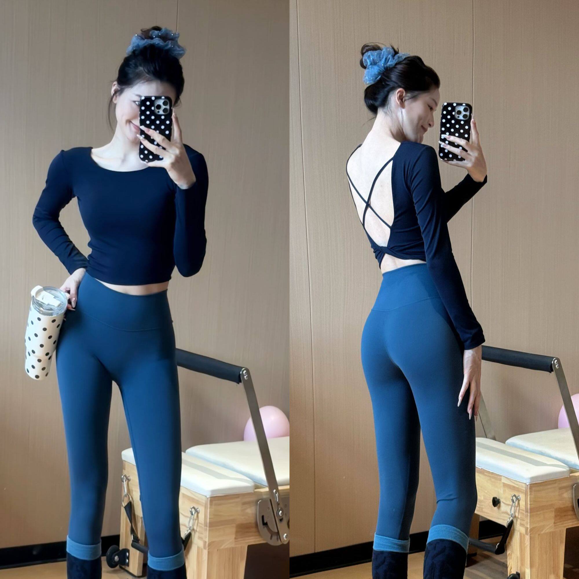 韩系露背绑带镂空长袖T恤女带胸垫显瘦百搭健身上衣瑜伽服运动