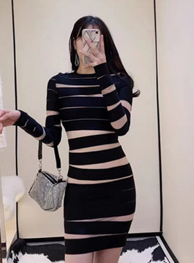 herve leger新款黑色杏网长袖弹力贴身显瘦交际连衣裙绷带礼服