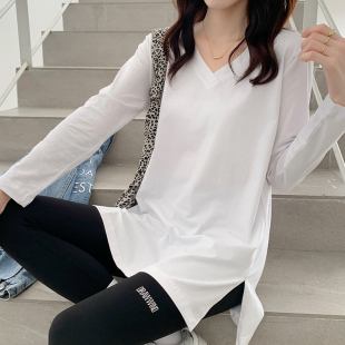 春秋下摆开叉上衣纯棉打底衫 宽松v领t恤中长款 女 女士白色长袖 新款