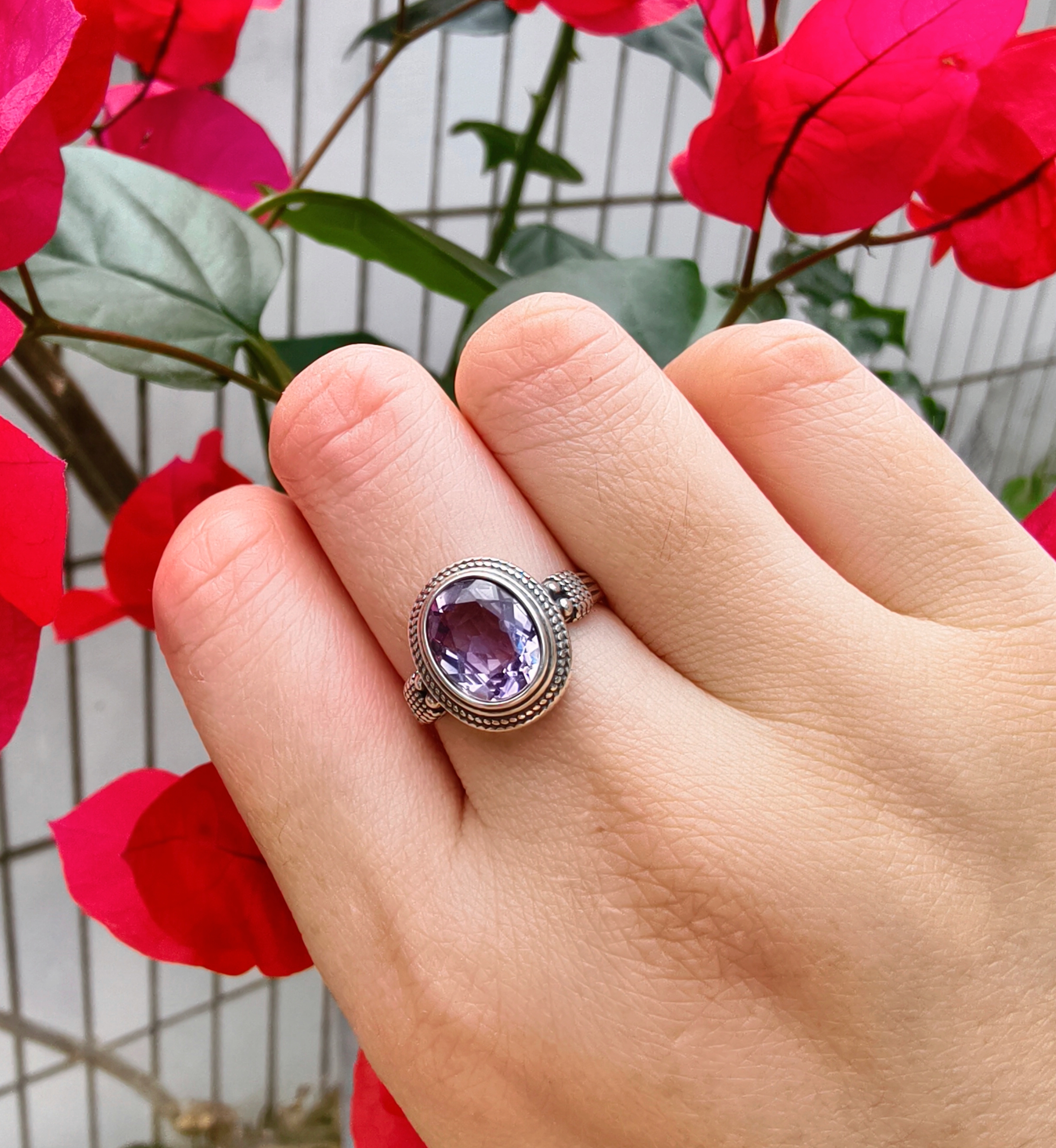 天然尼泊尔绿松925银戒指，紫水晶切面戒指。可调节不退换