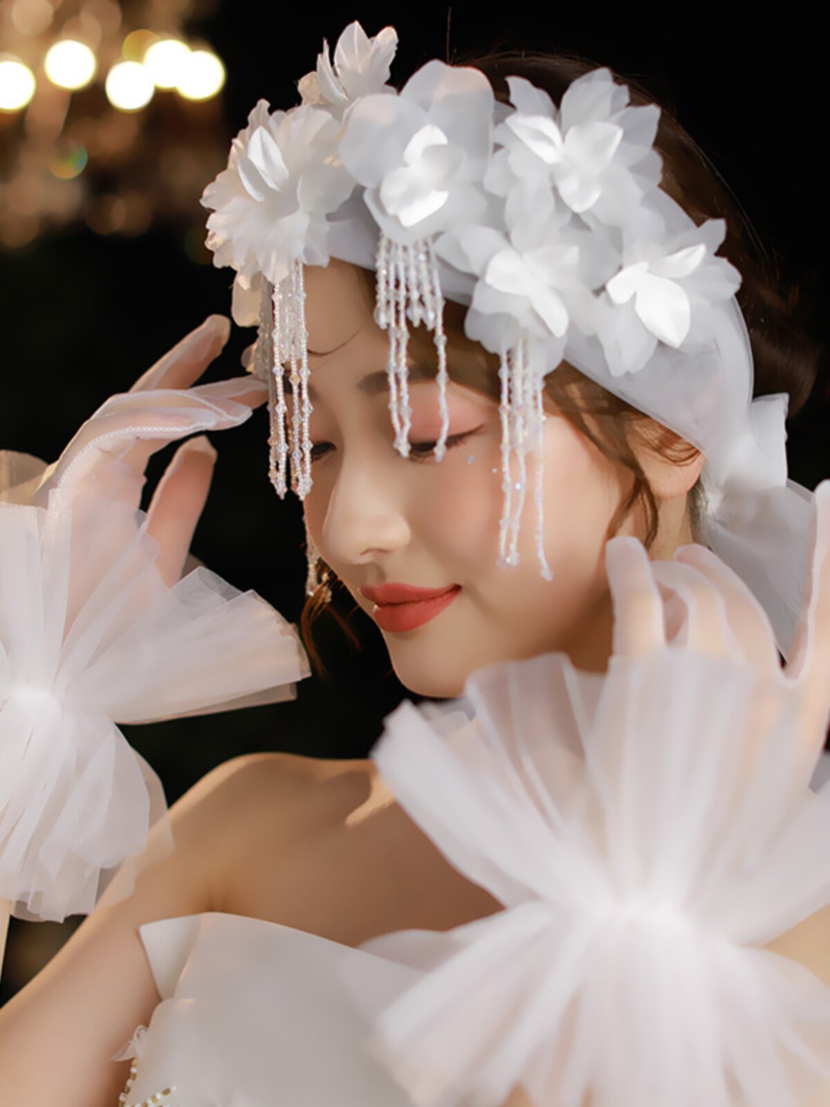 포레스트 스타일 슈퍼 요정 신부 웨딩 드레스 장갑 꽃 메쉬 흰색 짧은 사진 스튜디오 여행 사진 사진 장갑