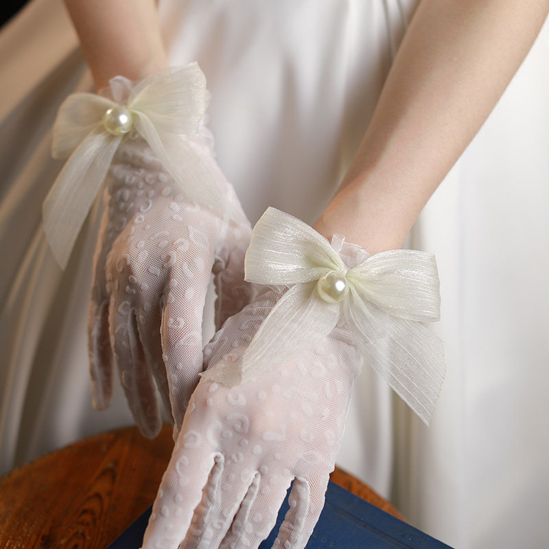 새로운 프랑스어 활 구슬 신부 웨딩 드레스 장갑 레이스 짧은 스튜디오 사진 사진 액세서리
