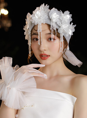 森系花朵网纱白色影楼拍纱礼服