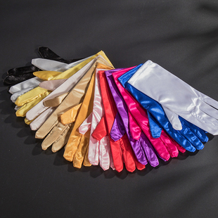 新娘晚装礼服迎宾儿童舞台舞蹈表演手套黑白红色短款绸缎珠宝手套