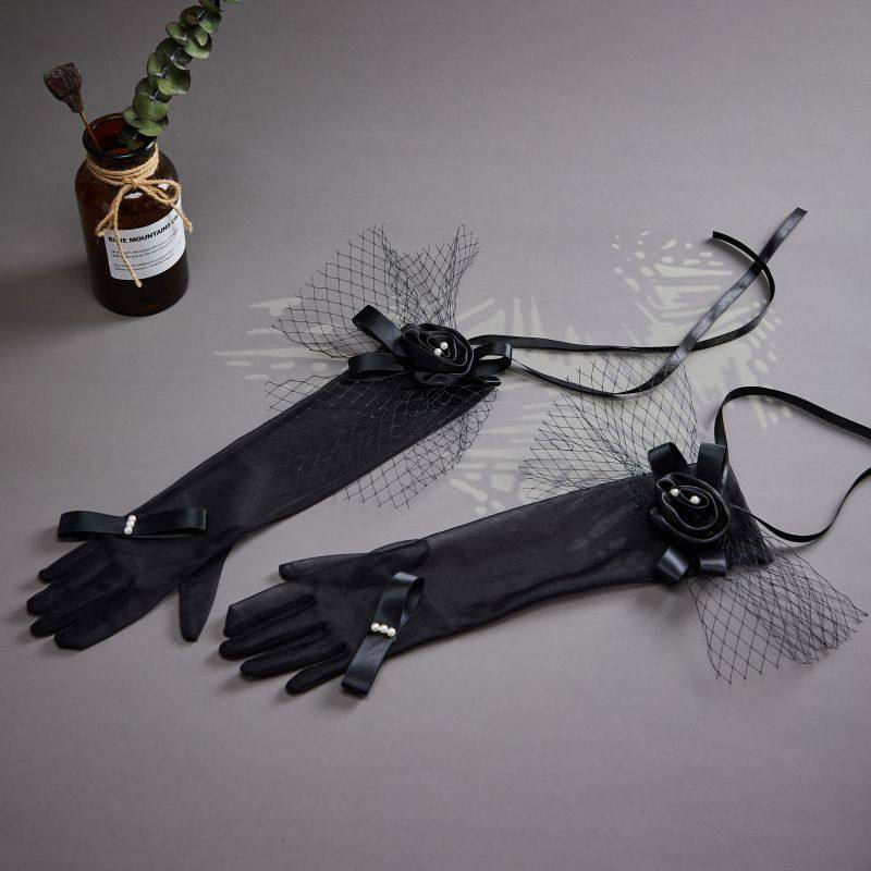 2022 새로운 프랑스어 레트로 블랙 스트레치 메쉬 신부 긴 장갑 스튜디오 사진 사진 슬리브 커버