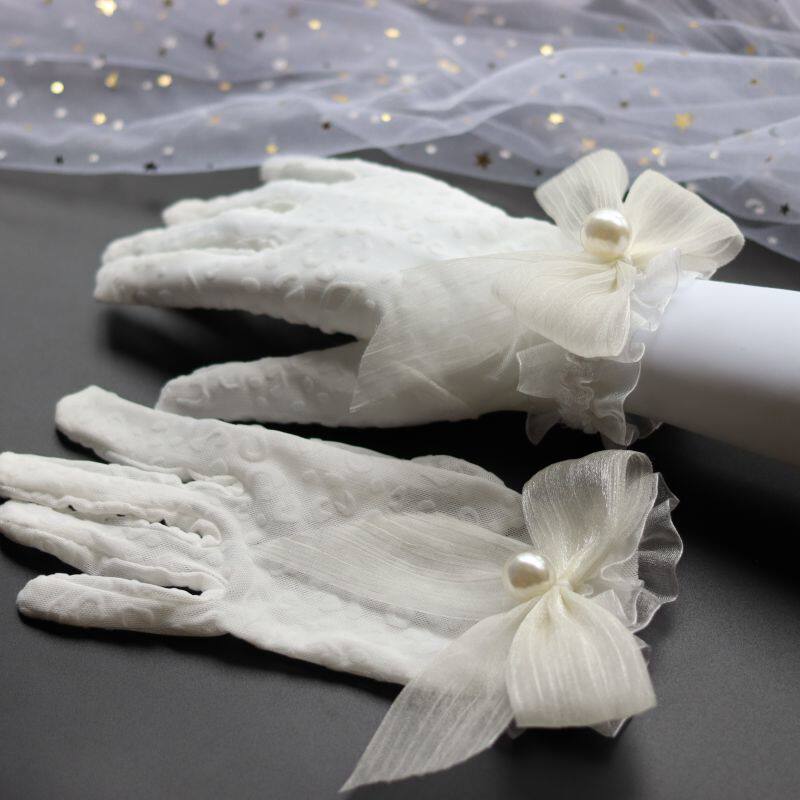 새로운 프랑스어 활 구슬 신부 웨딩 드레스 장갑 레이스 짧은 스튜디오 사진 사진 액세서리