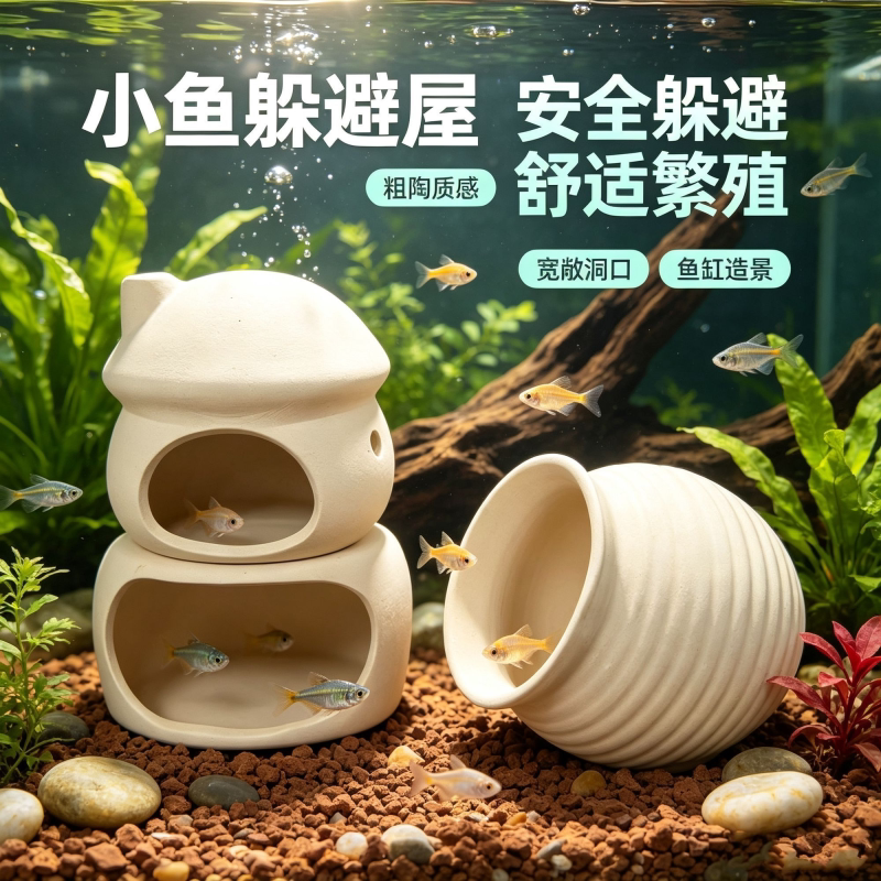 可爱小蘑菇躲避洞迷你鱼虾繁殖屋陶瓷创意鱼缸猫咪装饰躲藏房子