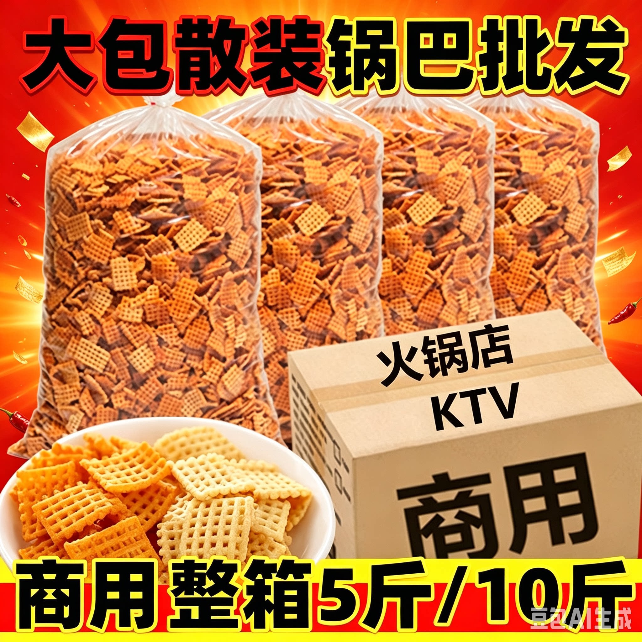 商用大包装锅巴5斤10斤一整箱老式花椒锅巴饭店专用零食散装批发
