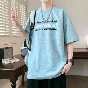 夏天短袖t恤男生夏季新款宽松潮牌休闲百搭白色圆领半袖上衣服ins