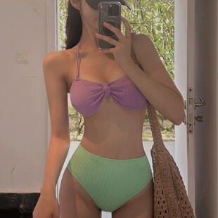 2026新款 拼色分体三角高腰比基尼女挂脖裹胸性感沙滩度假温泉泳衣