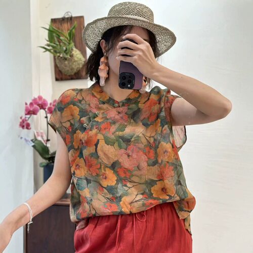 园园美衣花斜襟扣小衫 2026夏季新款 复古飞袖轻薄透气开衫上衣女