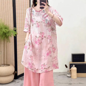 园园美衣新款新中式苎麻刺绣印花衬衫女文艺复古宽松圆领盘扣上衣