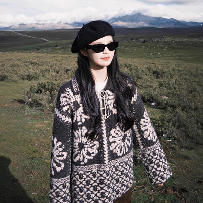 园园美衣尔岛套头毛衣女秋冬穿搭复古慵懒宽松加厚翻领针织衫上衣