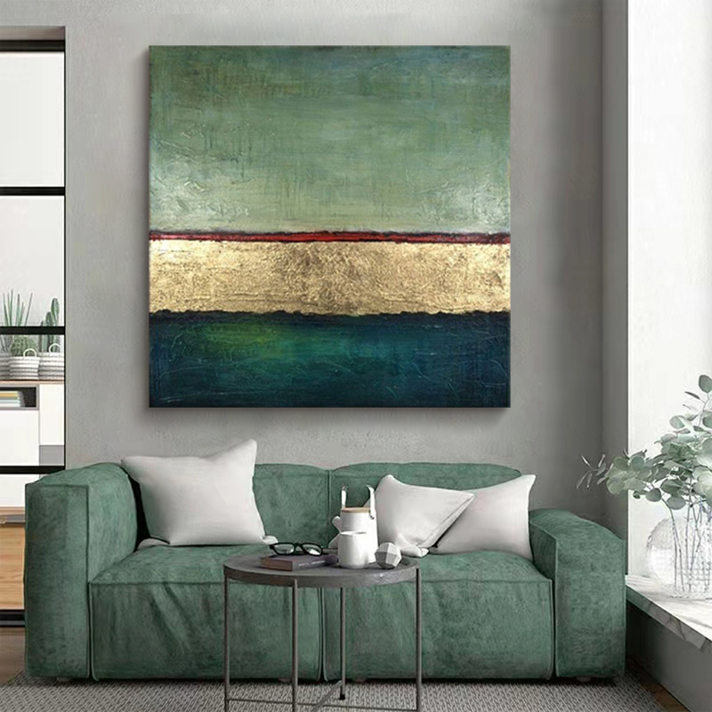 绿色现代轻奢纯手绘抽象客厅油画玄关餐厅无框装饰画正方形挂画图片