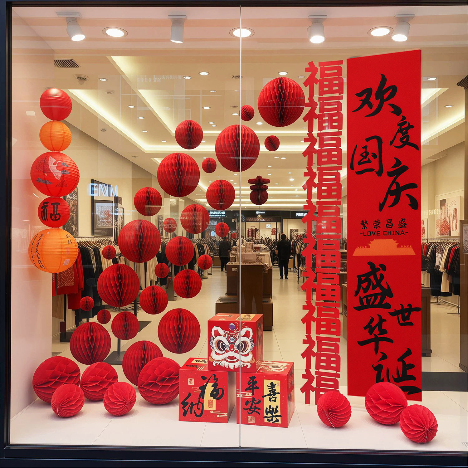 国庆节场景布置商场门店铺活动装饰橱窗打卡高级感背景墙挂布灯笼