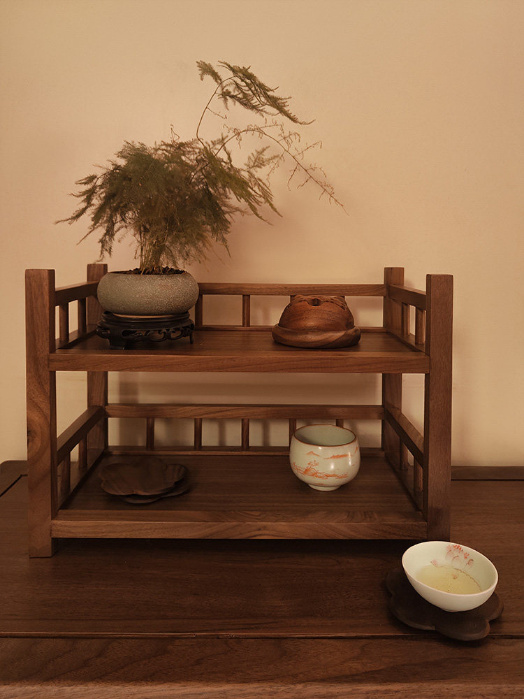 凯的北美黑胡桃全实木大板桌面储物架双层设计餐具储物架可定制