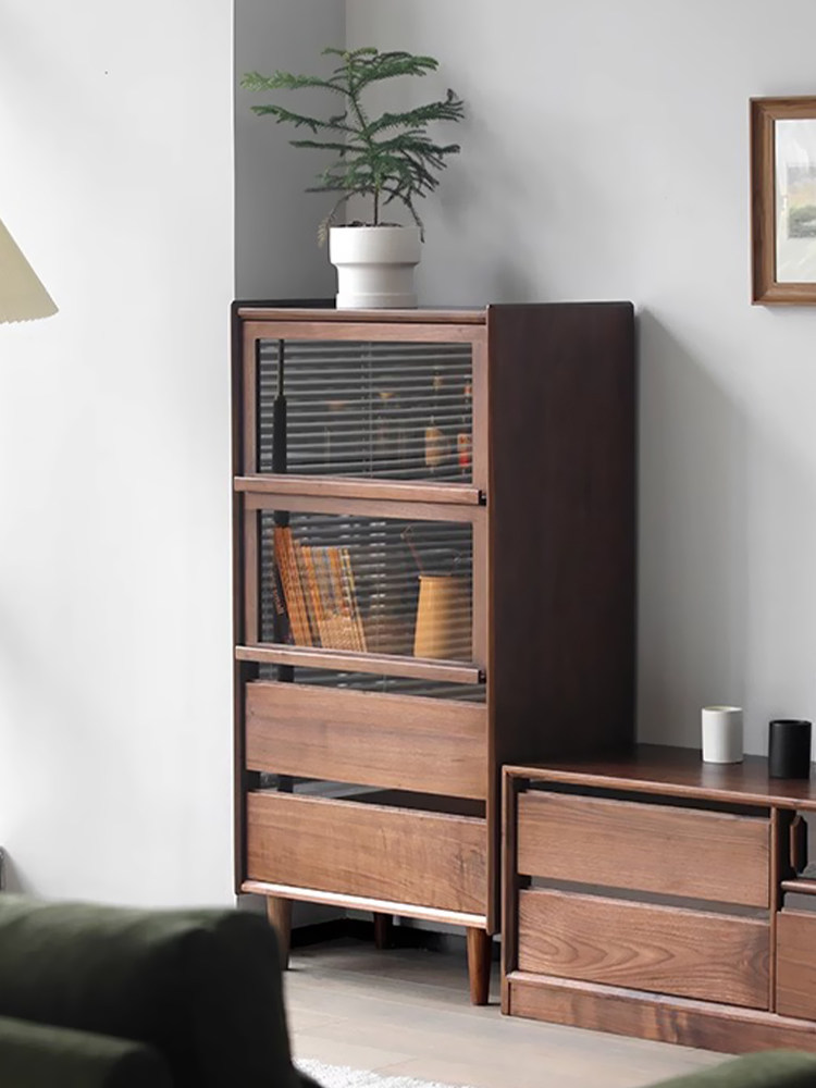 黑胡桃木全实木客厅电视柜旁边的边柜立柜高端沙发吧台侧边柜高款