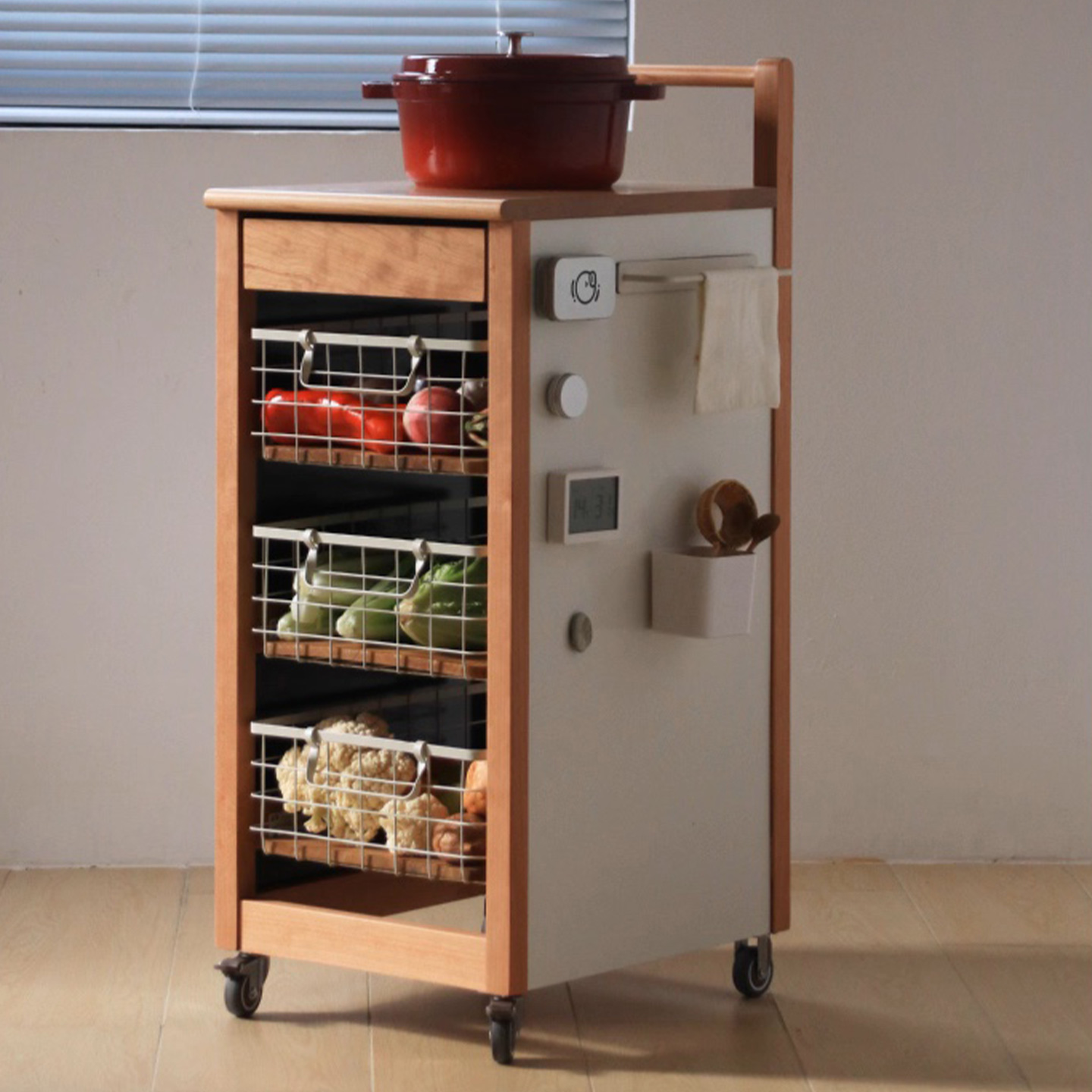 樱桃木多层移动零食小推车菜篮子