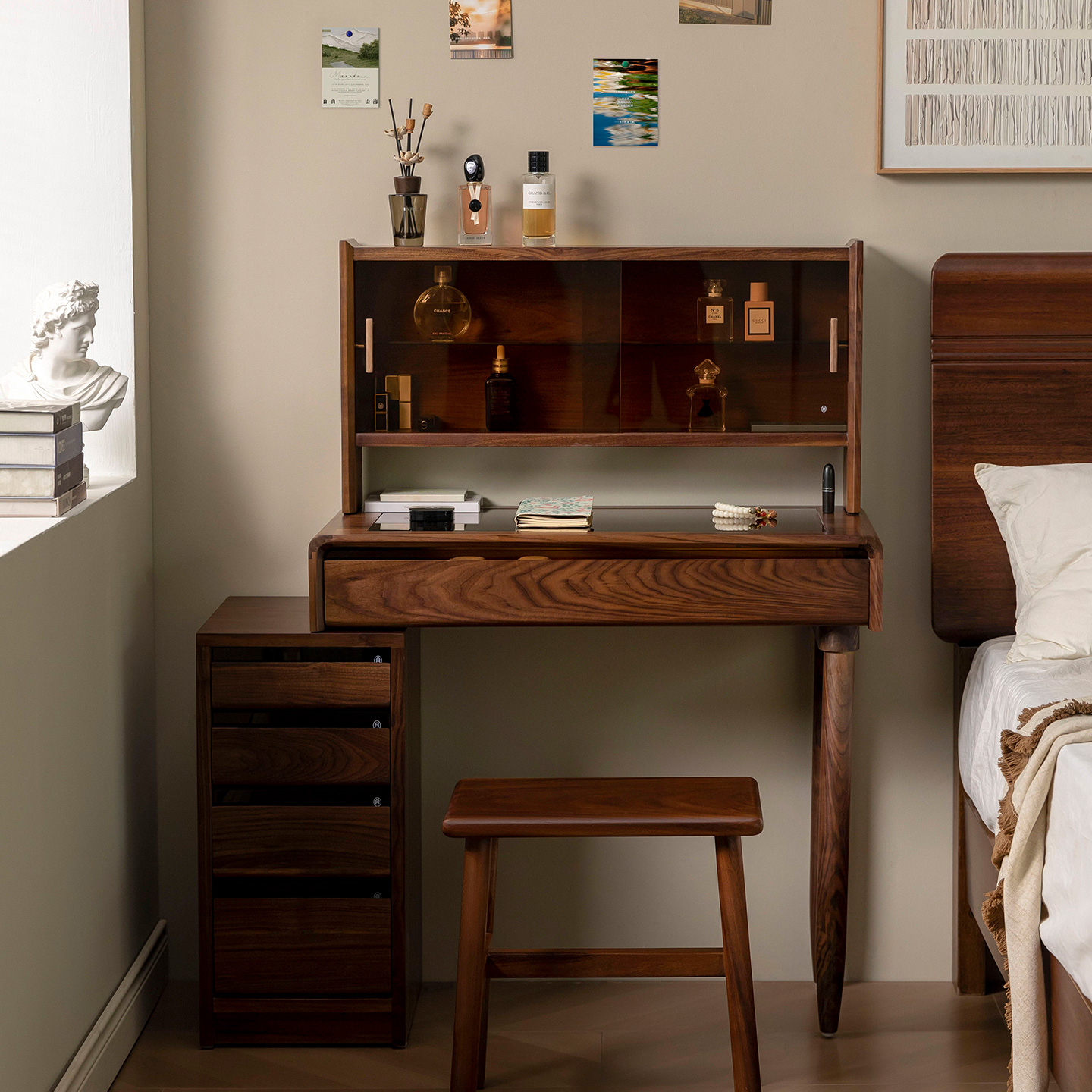 北美黑胡桃木梳妆台收纳柜一体