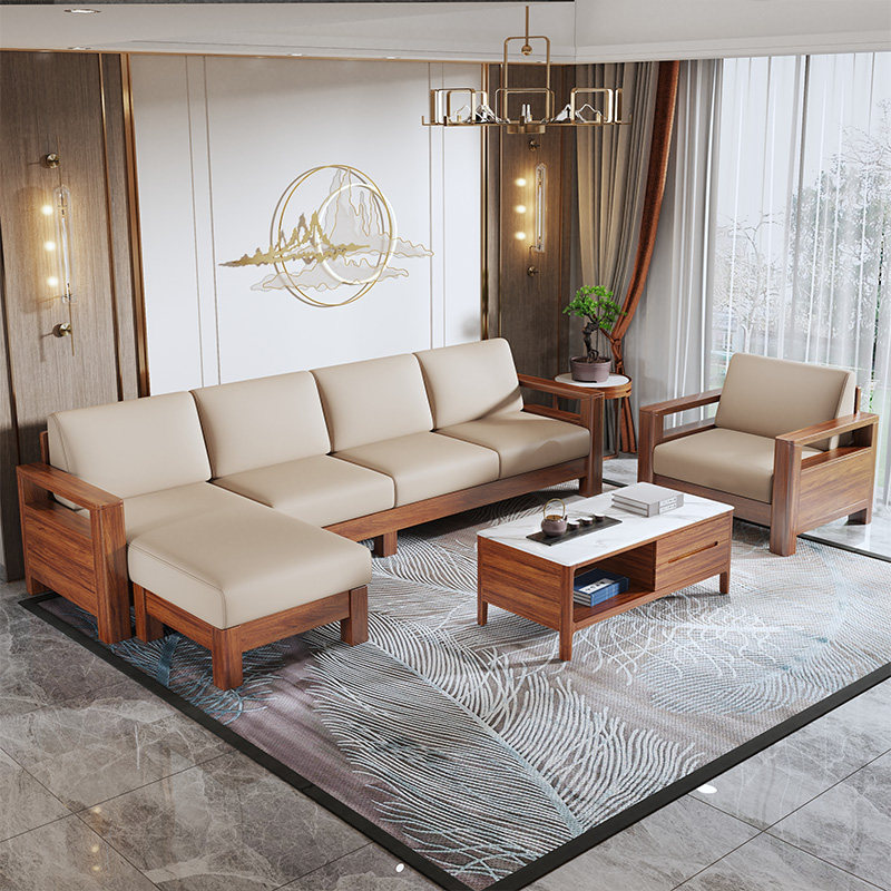 凯的 新中式乌金木实木真皮沙发客厅现代轻奢简约带贵妃榻 可定制