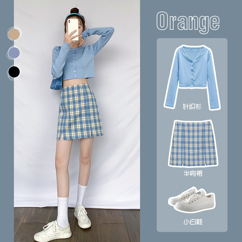 开叉半身裙女2020夏季新款春秋季高腰百褶裙子包臀裙a字格子短裙