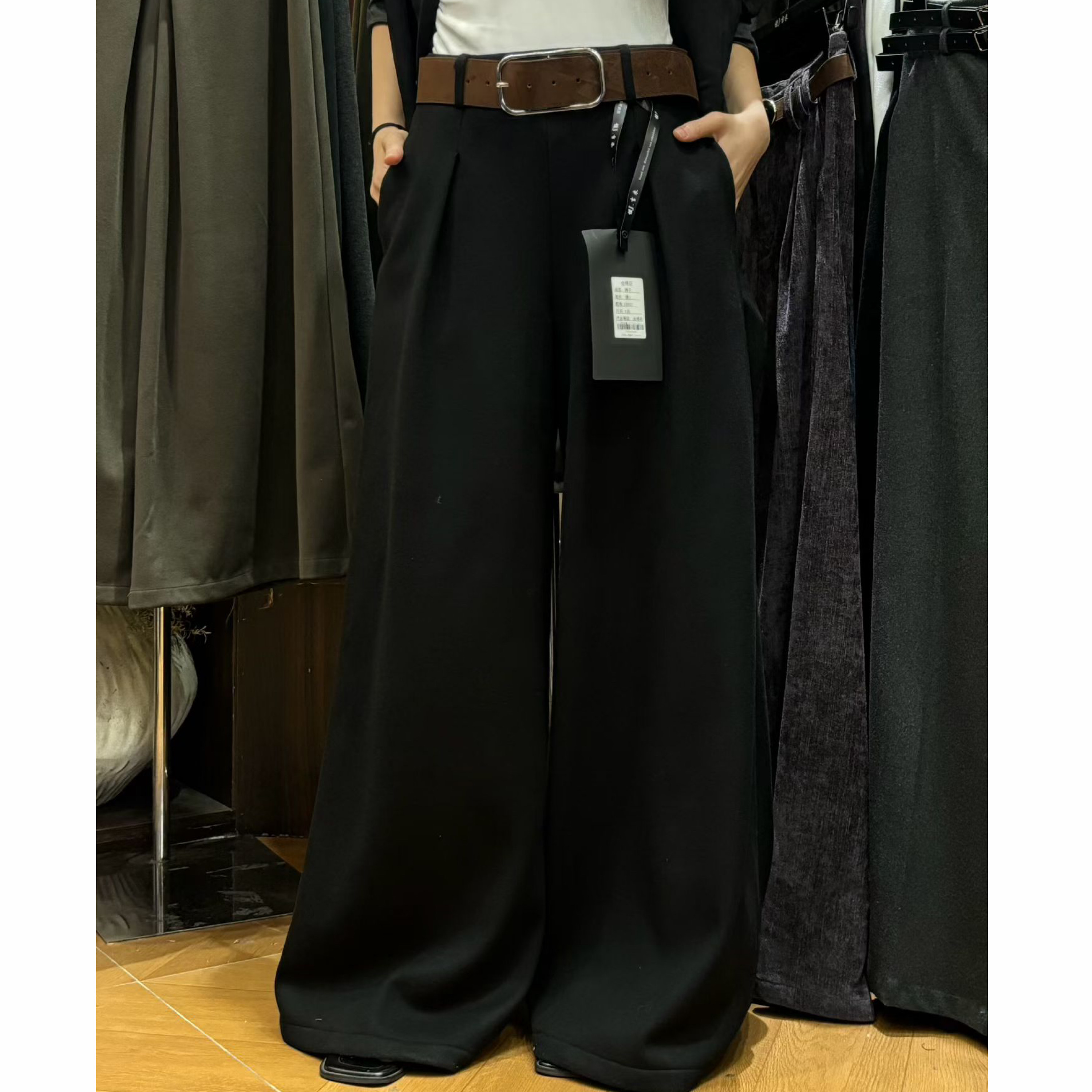 黑色毛呢阔腿裤女冬季加厚加绒