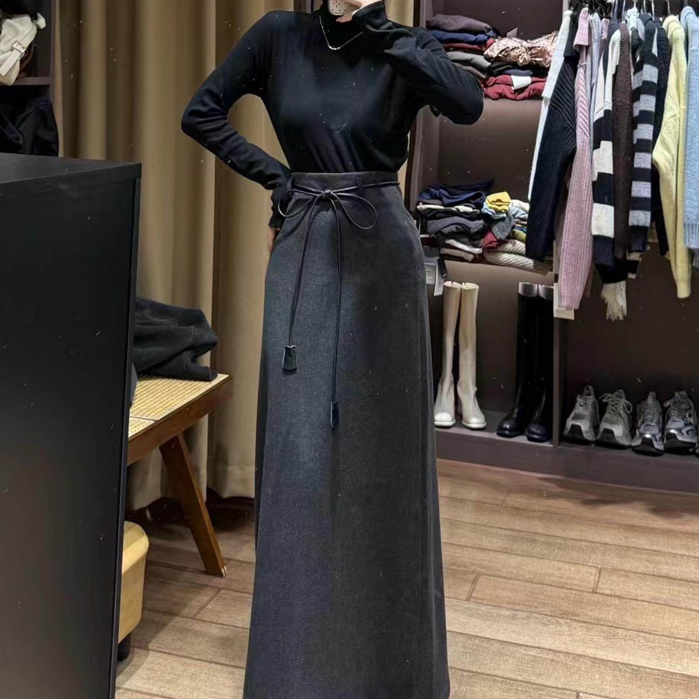 深灰色抽绳裙子女秋冬新款高腰垂感百搭显瘦西装料开叉半身裙长裙