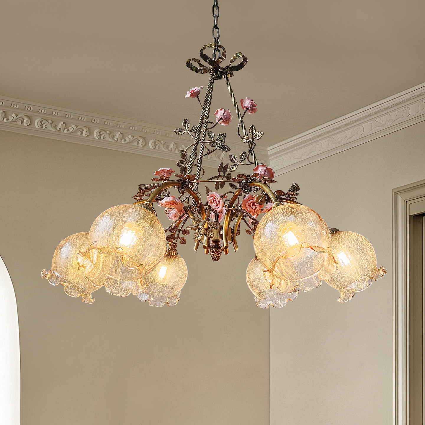 法式全铜客厅吊灯复古玫瑰花玻璃灯罩餐厅灯美式田园风卧室灯具,家装灯饰光源,客厅吊灯,淘宝优惠券,粉丝福利购,淘宝优惠卷