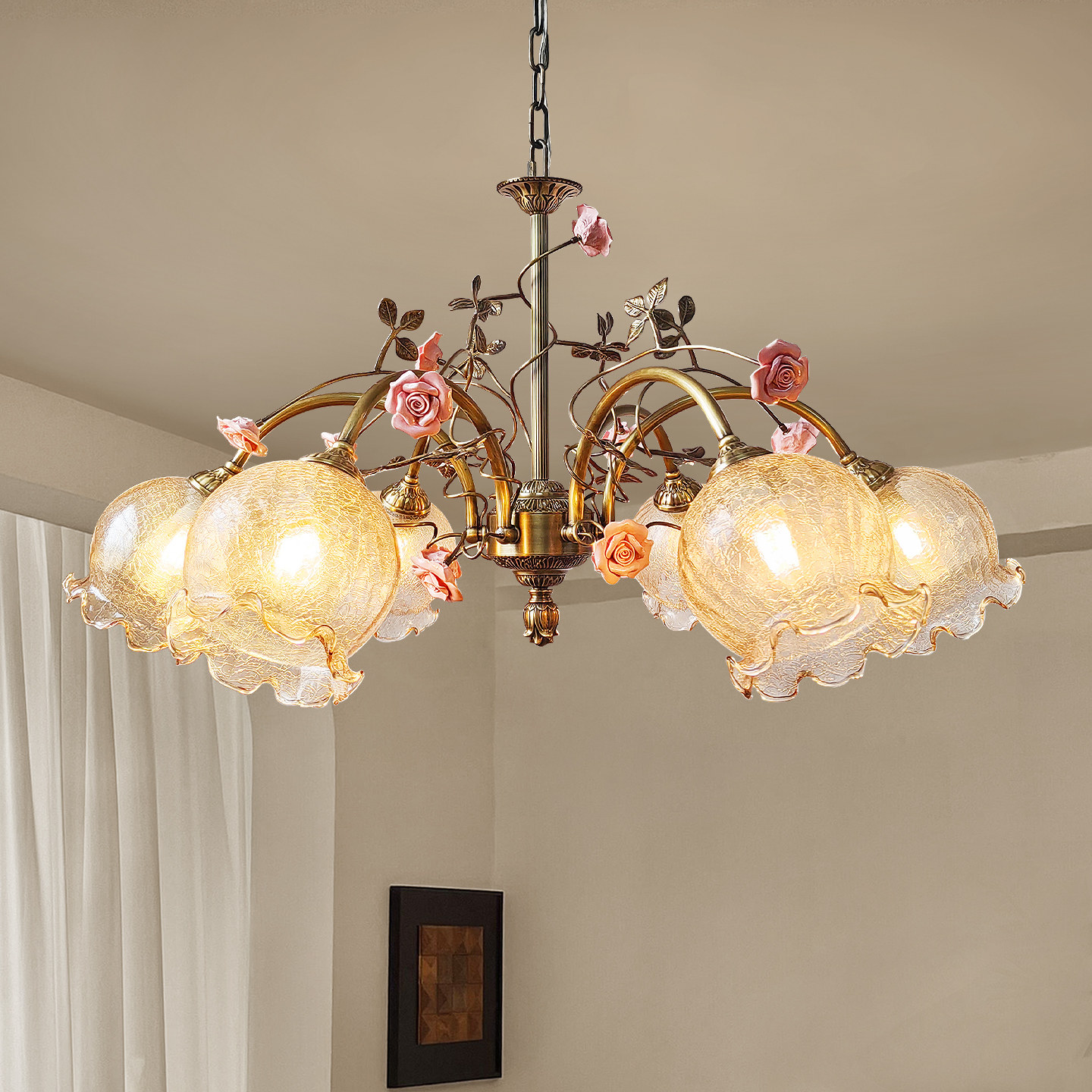 法式田园风设计师款客厅吊灯美式复古黄铜花朵卧室高级感护眼吊灯,家装灯饰光源,客厅吊灯,淘宝优惠券,粉丝福利购,淘宝优惠卷