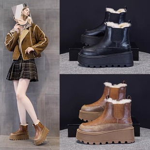 厚底雪地靴女2025冬季新款爆款真皮加绒加厚皮毛一体切尔西马丁靴